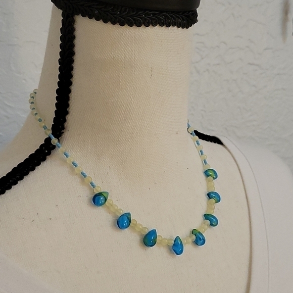 HANDMADE Yellow Jade Czech Lampwork Art Glass Teardrop Beaded Collar Necklace - Picture 2 of 4